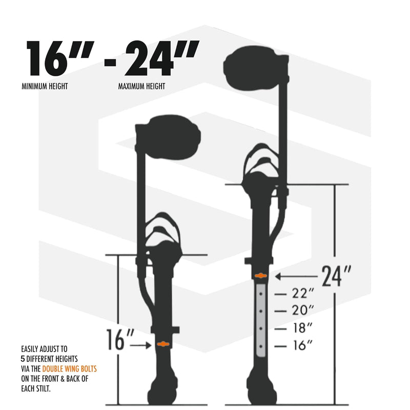 SurPro Single-Sided Aluminum Drywall Stilts, 16” - 24” Height, InterLock Enhanced Contractor-Grade Stilts (S1-A-1624) for Drywallers, Painters, Ceiling Work, Stilts Drywall