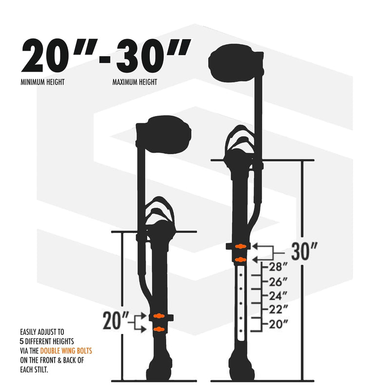 SurPro Double-Sided Drywall Stilts, Magnesium Base, 20” - 30” Height, QuadLock Contractor-Grade Stilts  (S2-M-2030) for Drywallers, Painters, Ceiling Work, Stilts Drywall