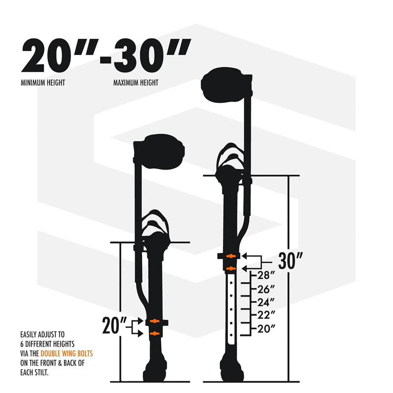 SurPro Single-Sided Aluminum Drywall Stilts, 20” - 30” Height, InterLock Enhanced Contractor-Grade Stilts (S1-A-2030) for Drywallers, Painters, Ceiling Work, Stilts Drywall