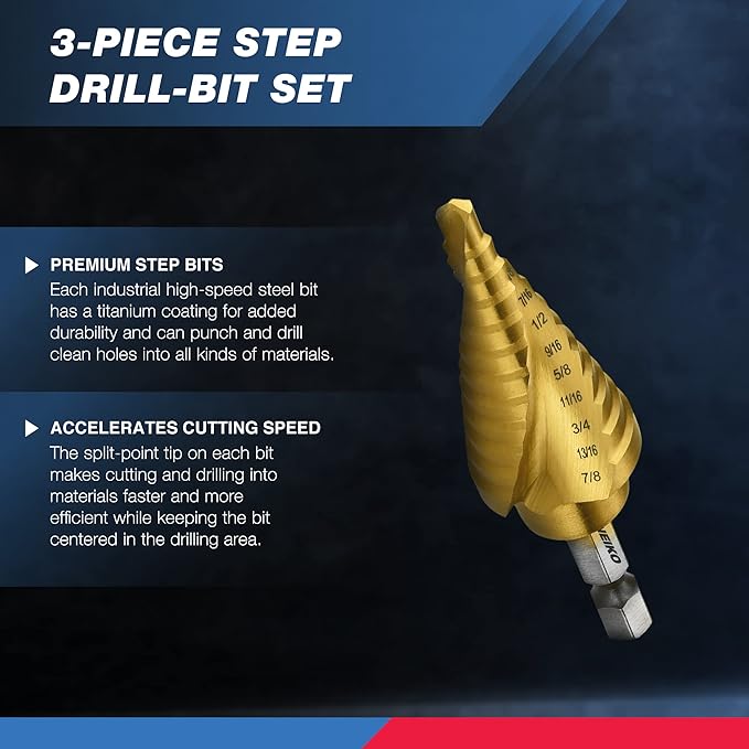 Step Drill Bit Set – Spiral Grooved, 31 Step Sizes (3-Piece, 10-Pack)