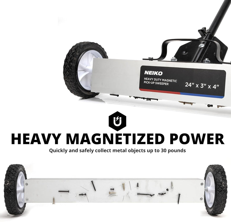 NEIKO 53416A 24” Rolling Magnetic Sweeper with Wheels, 50 Pound Capacity, Adjustable Handle & Floor Magnet Clearance Height, Metal Pick Up and Nail Magnet, Floor Sweeper for Construction, Shop, Etc.