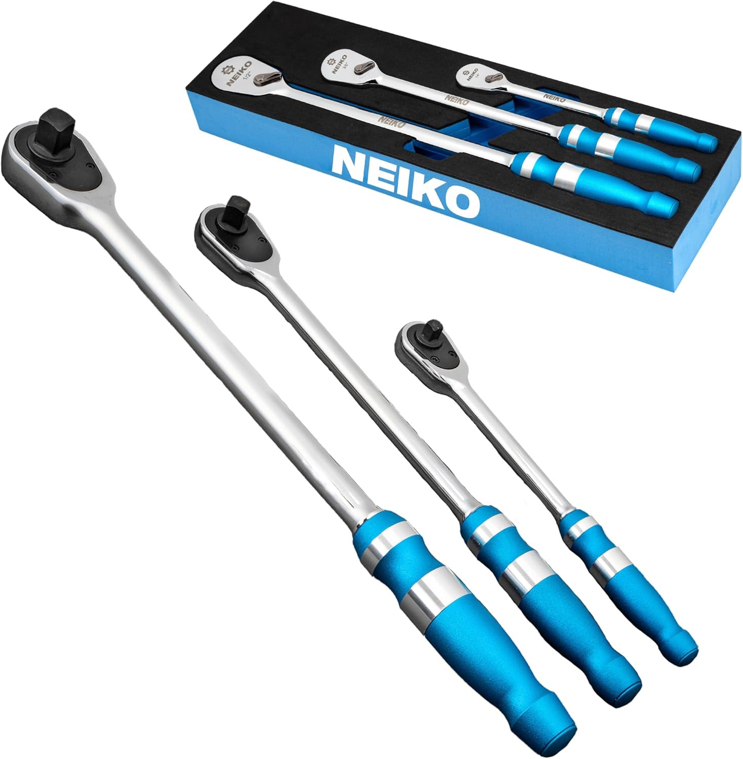 Low-Profile Flat Head Ratchet Set – 1/4”, 3/8” & 1/2” Drive (3-Piece)