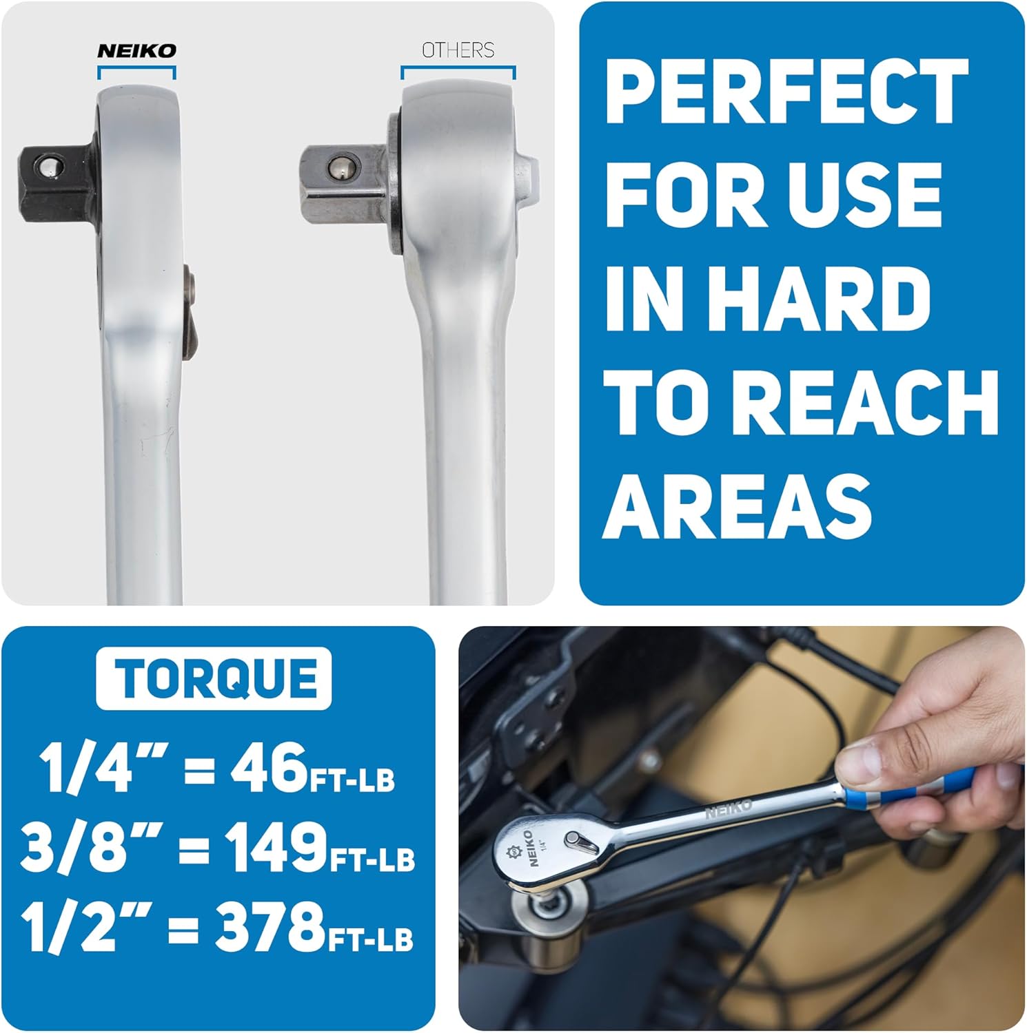 NEIKO Low-Profile Flat Head Ratchet Set – 1/4”, 3/8” & 1/ – NEIKO®