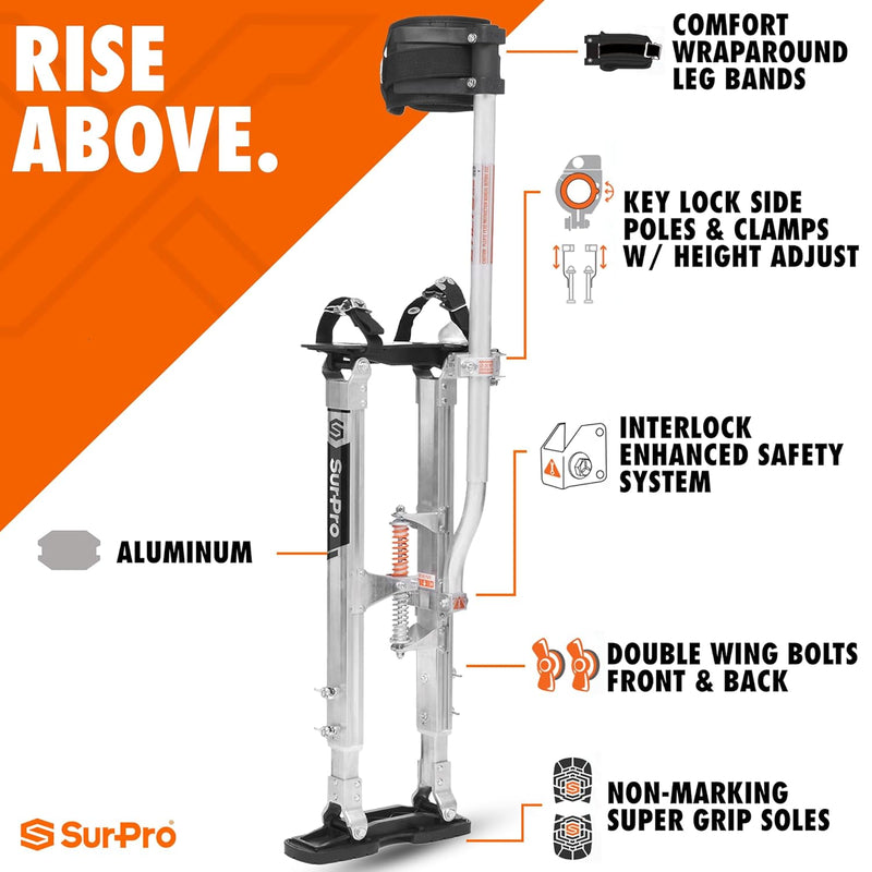 SurPro Single-Sided Aluminum Drywall Stilts, 16” - 24” Height, InterLock Enhanced Contractor-Grade Stilts (S1-A-1624) for Drywallers, Painters, Ceiling Work, Stilts Drywall