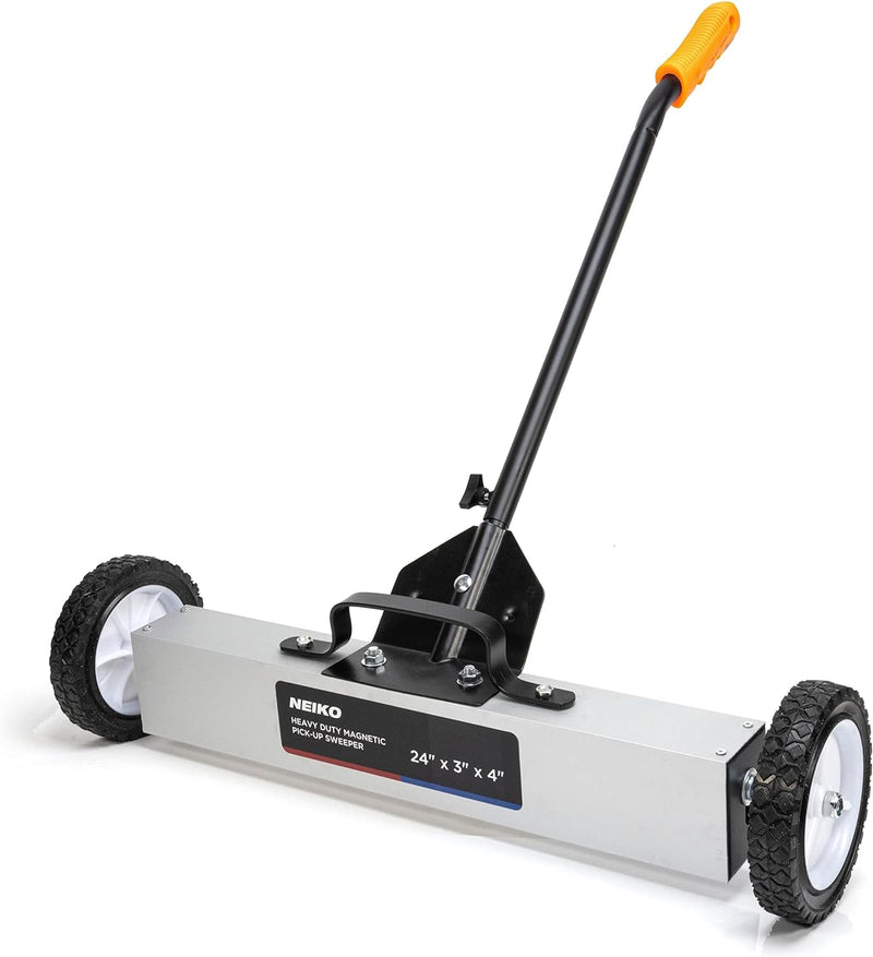 NEIKO 53416A 24” Rolling Magnetic Sweeper with Wheels, 50 Pound Capacity, Adjustable Handle & Floor Magnet Clearance Height, Metal Pick Up and Nail Magnet, Floor Sweeper for Construction, Shop, Etc.