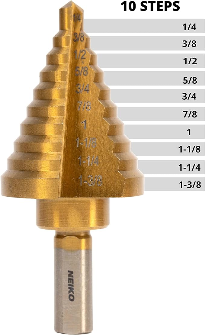 NEIKO 10194A Titanium Step Drill Bit, High-Speed Alloy-Steel Bit, Hole Expander for Wood and Metal, 10 Step Sizes from 1/4 Inch to 1 3/8 Inches (Pack of 10)