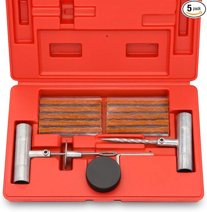 Tooluxe 50002L -35 Piece Tire Repair Universal Heavy Duty Tire Repair Kit with Plugs, Fix A Flat Tire Repair Kit, Ideal for Tires on Cars, Trucks, Motorcycles, Tire Plug Kit (Pack of 5)