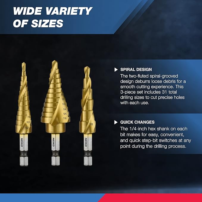 NEIKO 10181A Step Drill Bit Set, 3 Piece, Spiral Grooved for Faster Drilling, Step Bits for Stainless Steel, Metal, Wood, Plastic, Unibit Cone Drill Bits with 31 Step Sizes Total (Pack of 10)