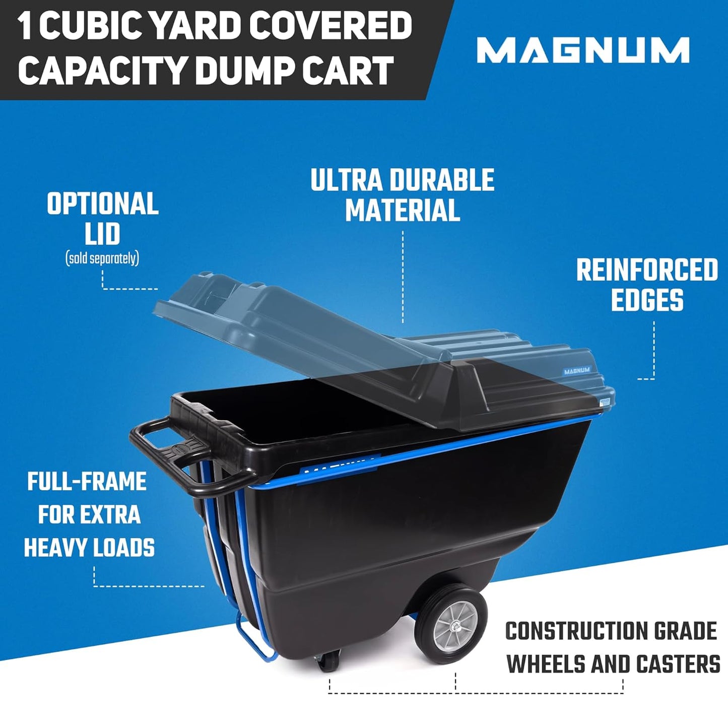 MAGNUM Tilt Truck, 1 Cu. Yd. Covered Capacity Dump Cart with Heavy Duty 12” Wheels & 5” Casters & Heavy Duty Full Frame for Jobsites, 1200 lbs, Trash Cart with Wheels DUC100-H-02PK (2-Pack)