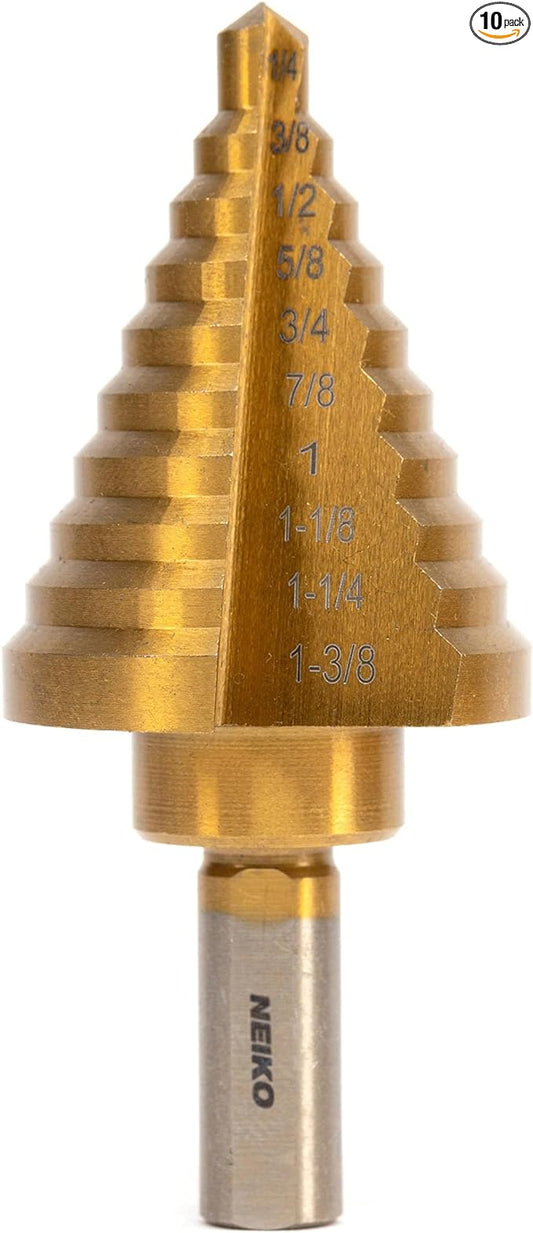 Titanium Step Drill Bit – 10 Step Sizes, 1/4”–1-3/8” (10-Pack)