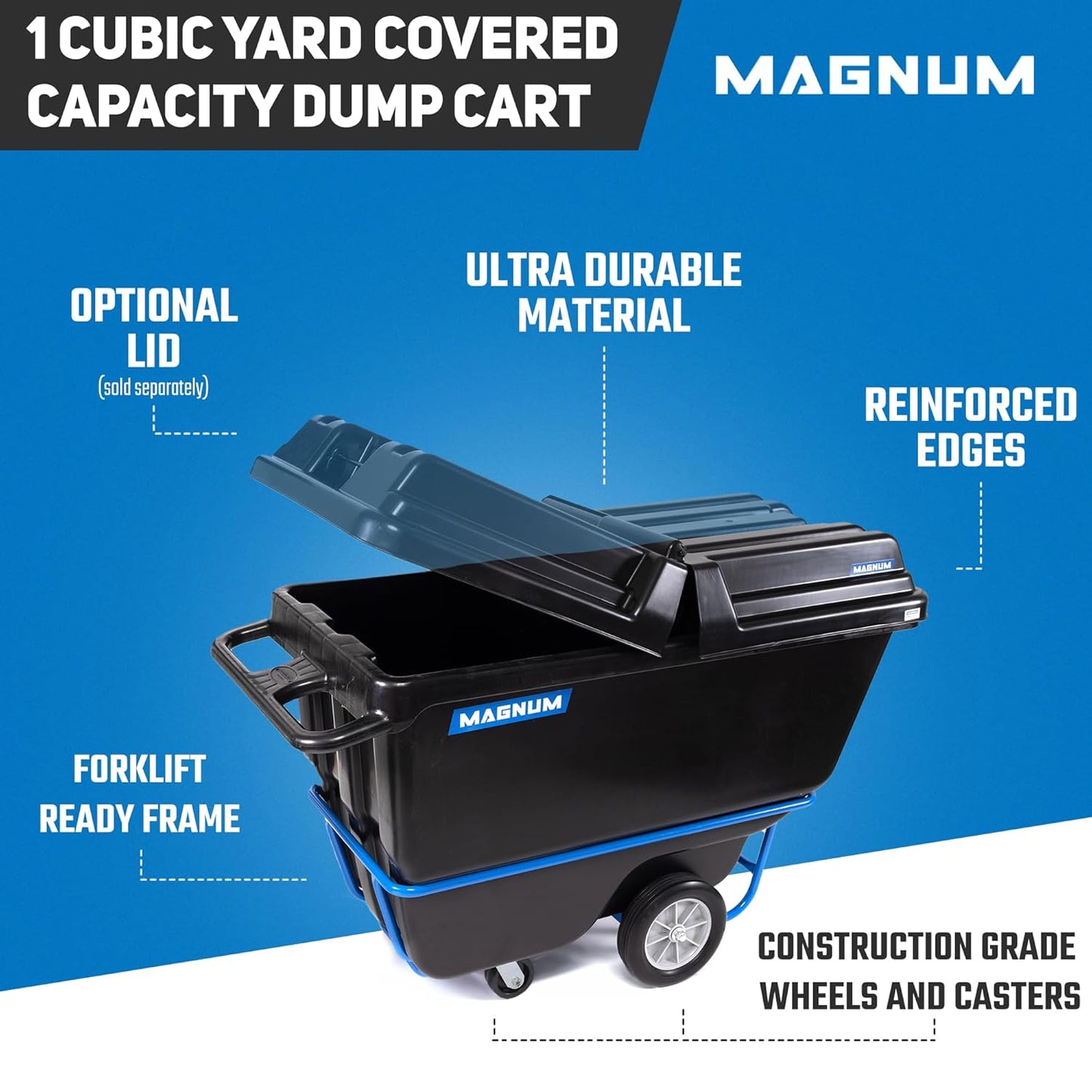 MAGNUM Tilt Truck, 1 Cu. Yd. Covered Capacity Dump Cart with Heavy Duty 12” Wheels & 5” Casters & Forklift-able Frame for Jobsites, 1250 lbs, Trash Cart with Wheels DUC100-F-03PK (3-Pack)