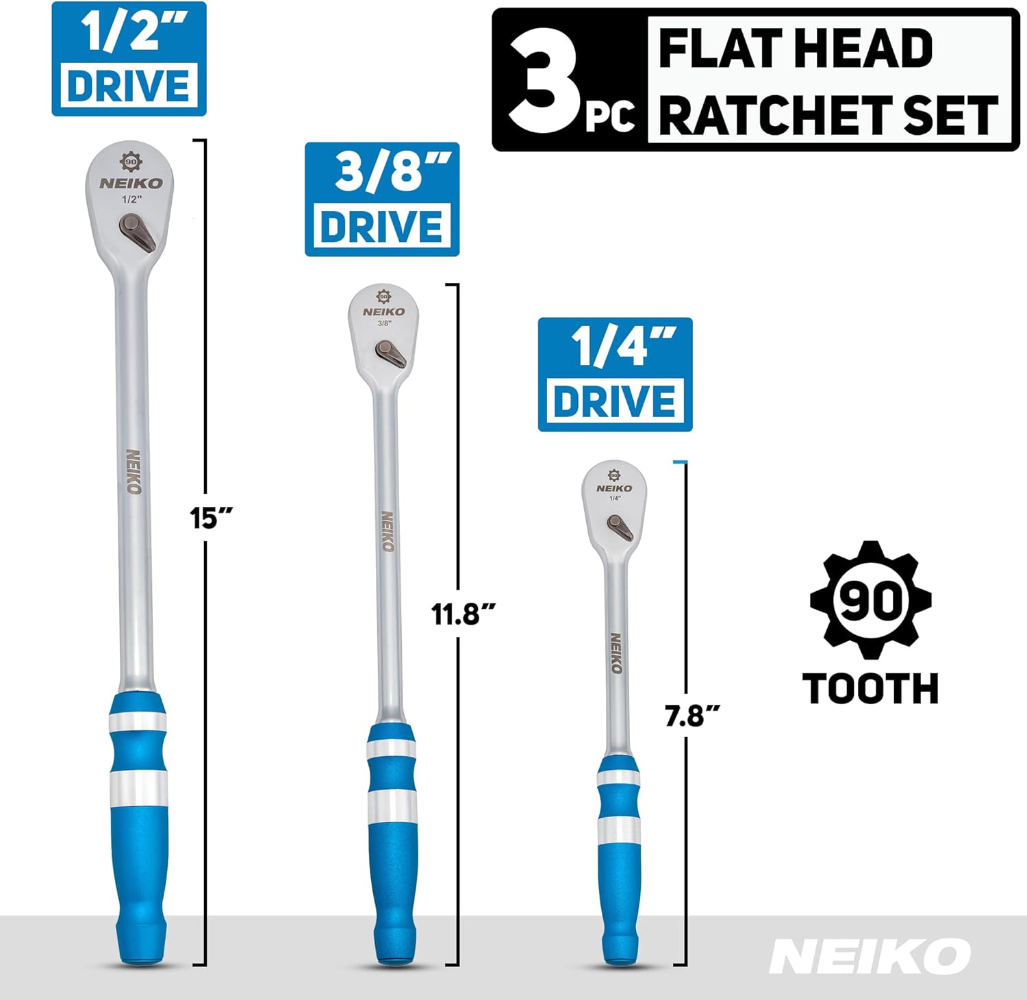 NEIKO Low-Profile Flat Head Ratchet Set – 1/4”, 3/8” & 1/ – NEIKO®