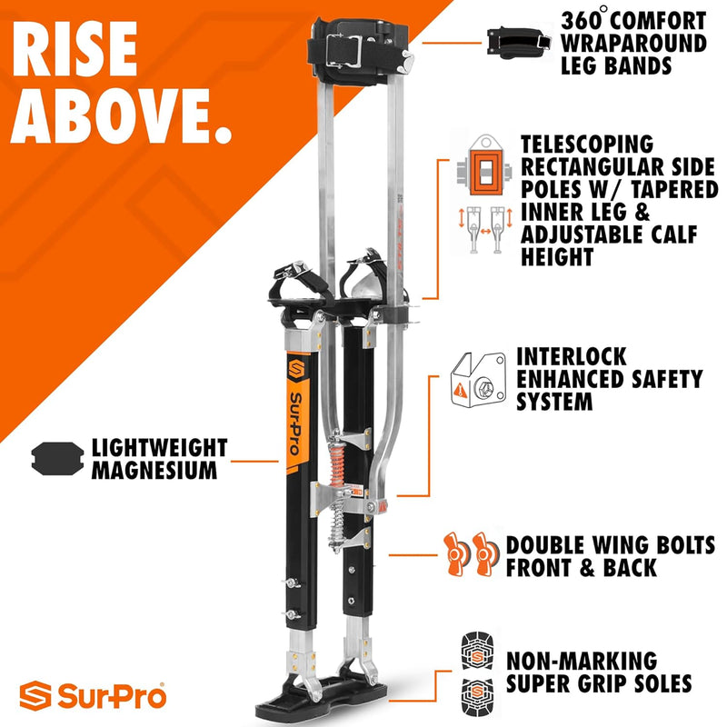 SurPro Double-Sided Drywall Stilts, Magnesium Base, 20” - 30” Height, QuadLock Contractor-Grade Stilts  (S2-M-2030) for Drywallers, Painters, Ceiling Work, Stilts Drywall