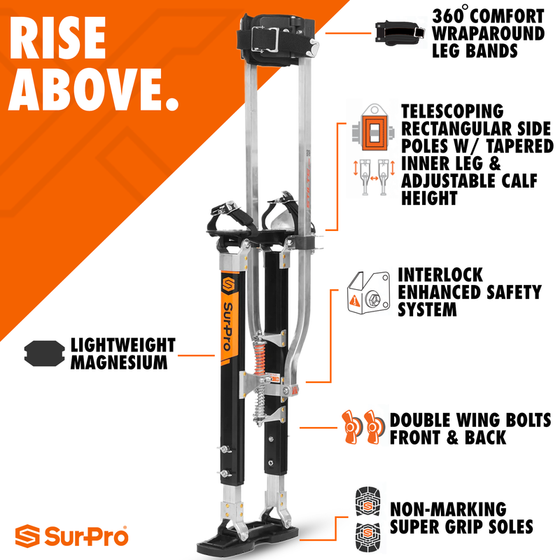 SurPro Double-Sided Drywall Stilts, Magnesium Base, 16” - 24” Height, QuadLock Contractor-Grade Stilts  (S2-M-1624) for Drywallers, Painters, Ceiling Work, Stilts Drywall