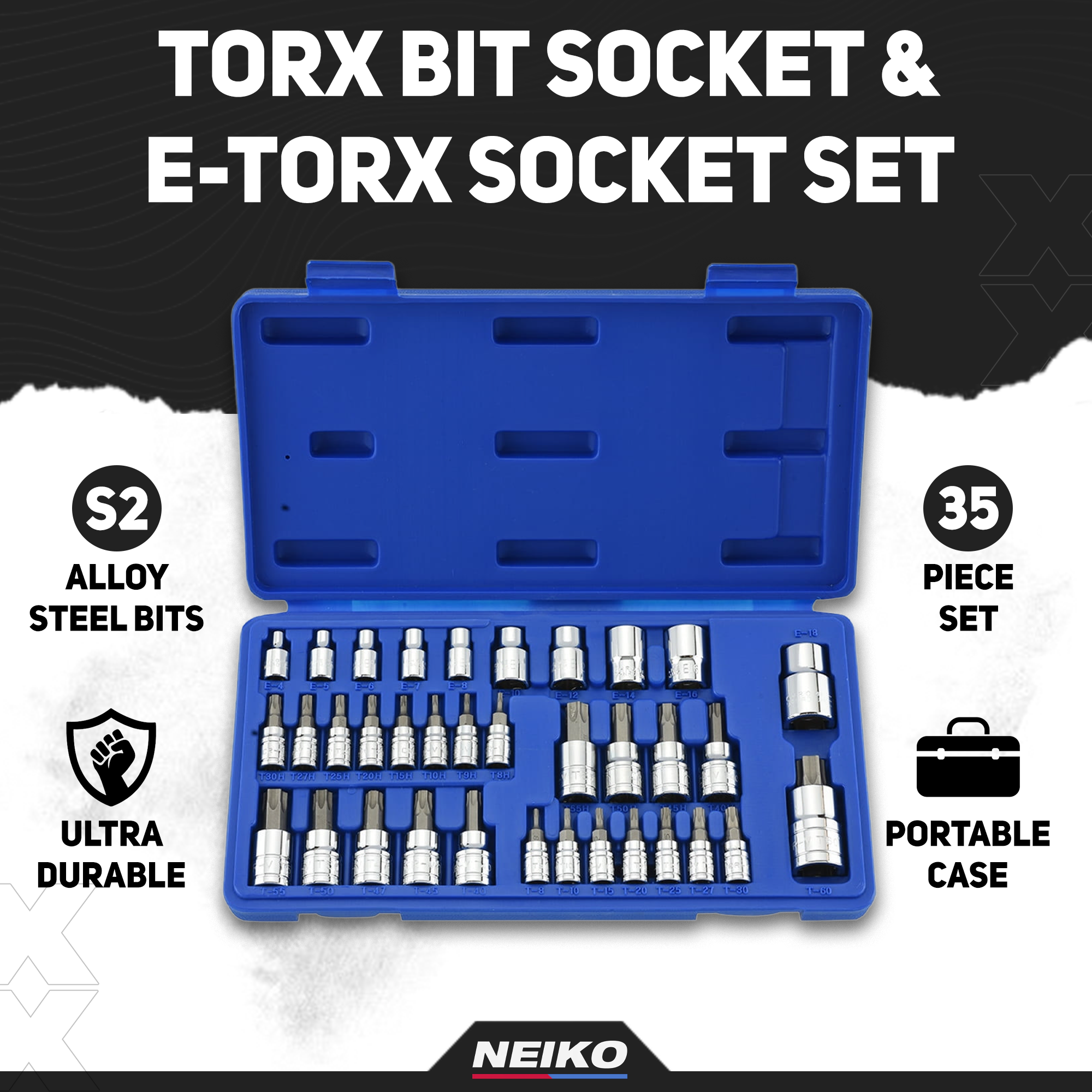 Torx Bit Socket & E-Torx Star Socket Set S2 & Cr-V Steel, 1/4”, 3/8” & 1/2" Drive (35-Piece)