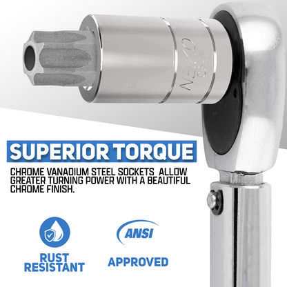 Neiko 10070A Torx Bit Socket and E-Torx Star Socket Set | 35-Piece Set, S2 and Cr-V Steel, 1/4”, 3/8” and 1/2-Inch Drive