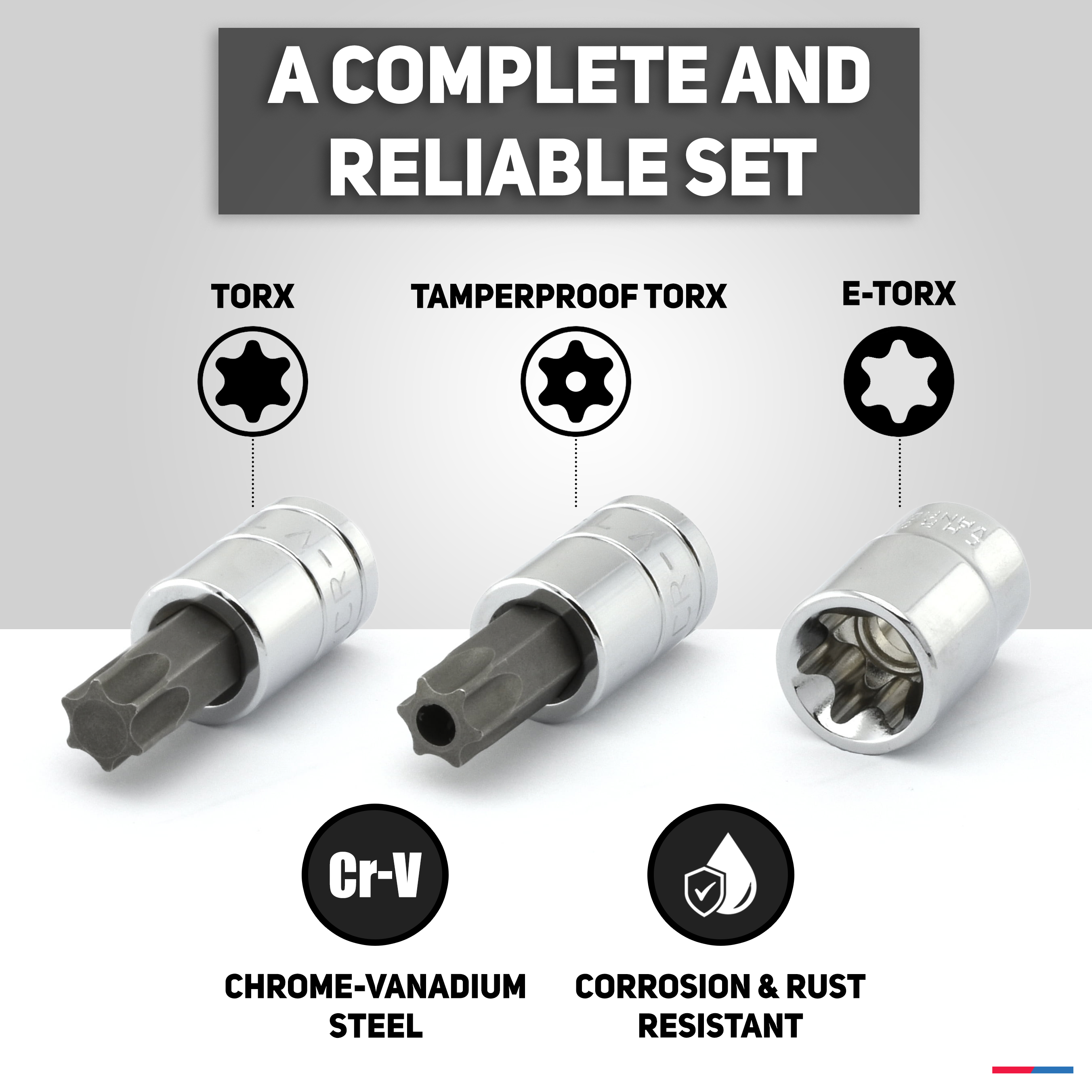 Torx Bit Socket & E-Torx Star Socket Set S2 & Cr-V Steel, 1/4”, 3/8” & 1/2" Drive (35-Piece)