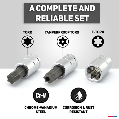 Neiko 10070A Torx Bit Socket and E-Torx Star Socket Set | 35-Piece Set, S2 and Cr-V Steel, 1/4”, 3/8” and 1/2-Inch Drive