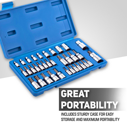 Neiko 10070A Torx Bit Socket and E-Torx Star Socket Set | 35-Piece Set, S2 and Cr-V Steel, 1/4”, 3/8” and 1/2-Inch Drive