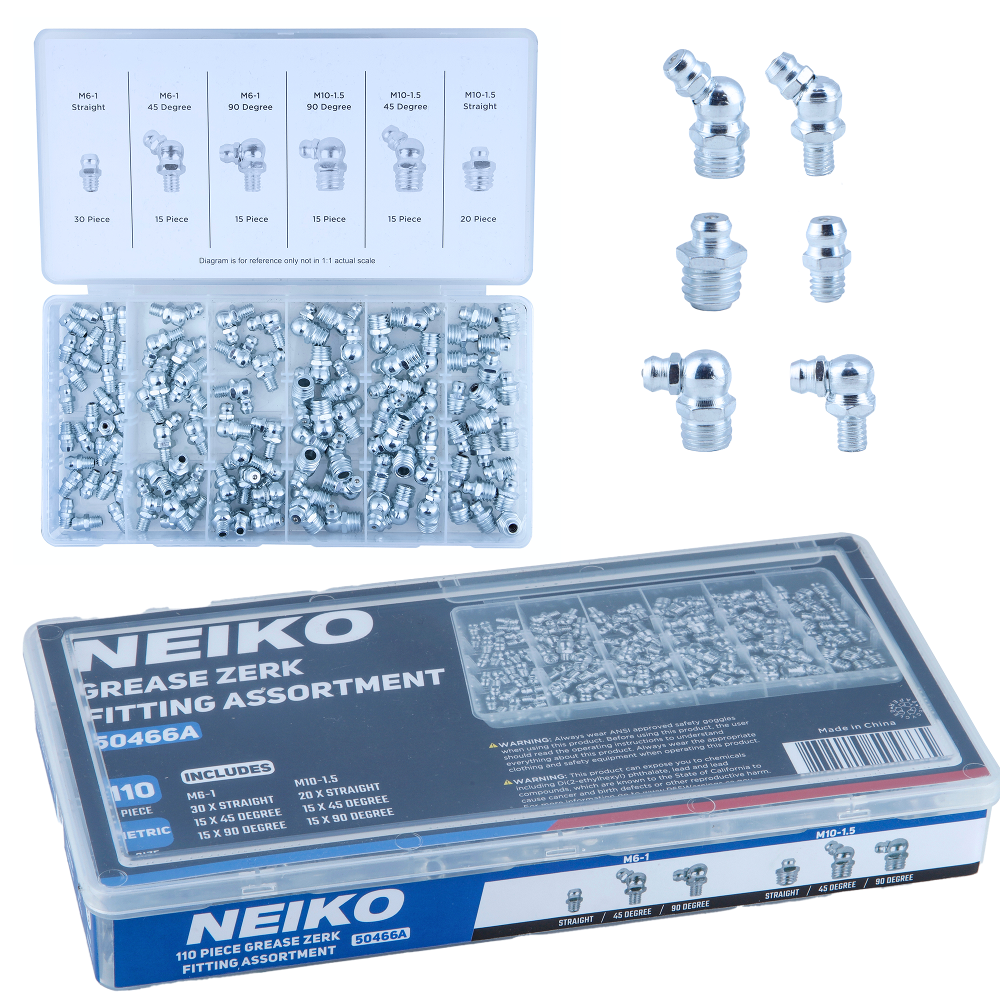 Metric Grease Fitting Assortment – M6 & M10 Zerk Fittings (110-Piece)