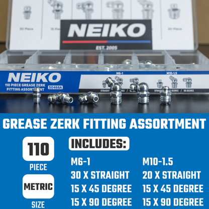 Metric Grease Fitting Assortment – M6 & M10 Zerk Fittings (110-Piece)