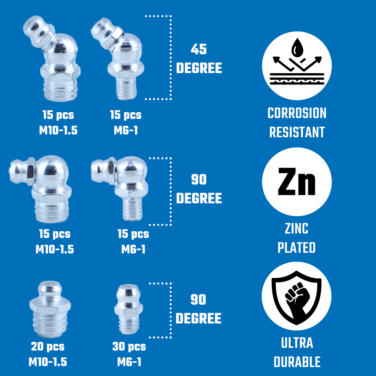 Metric Grease Fitting Assortment – M6 & M10 Zerk Fittings (110-Piece)