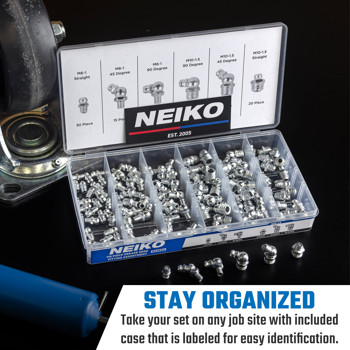 Metric Grease Fitting Assortment – M6 & M10 Zerk Fittings (110-Piece)