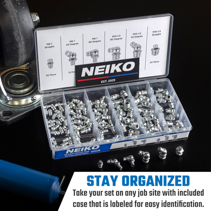 Metric Grease Fitting Assortment – M6 & M10 Zerk Fittings (110-Piece)