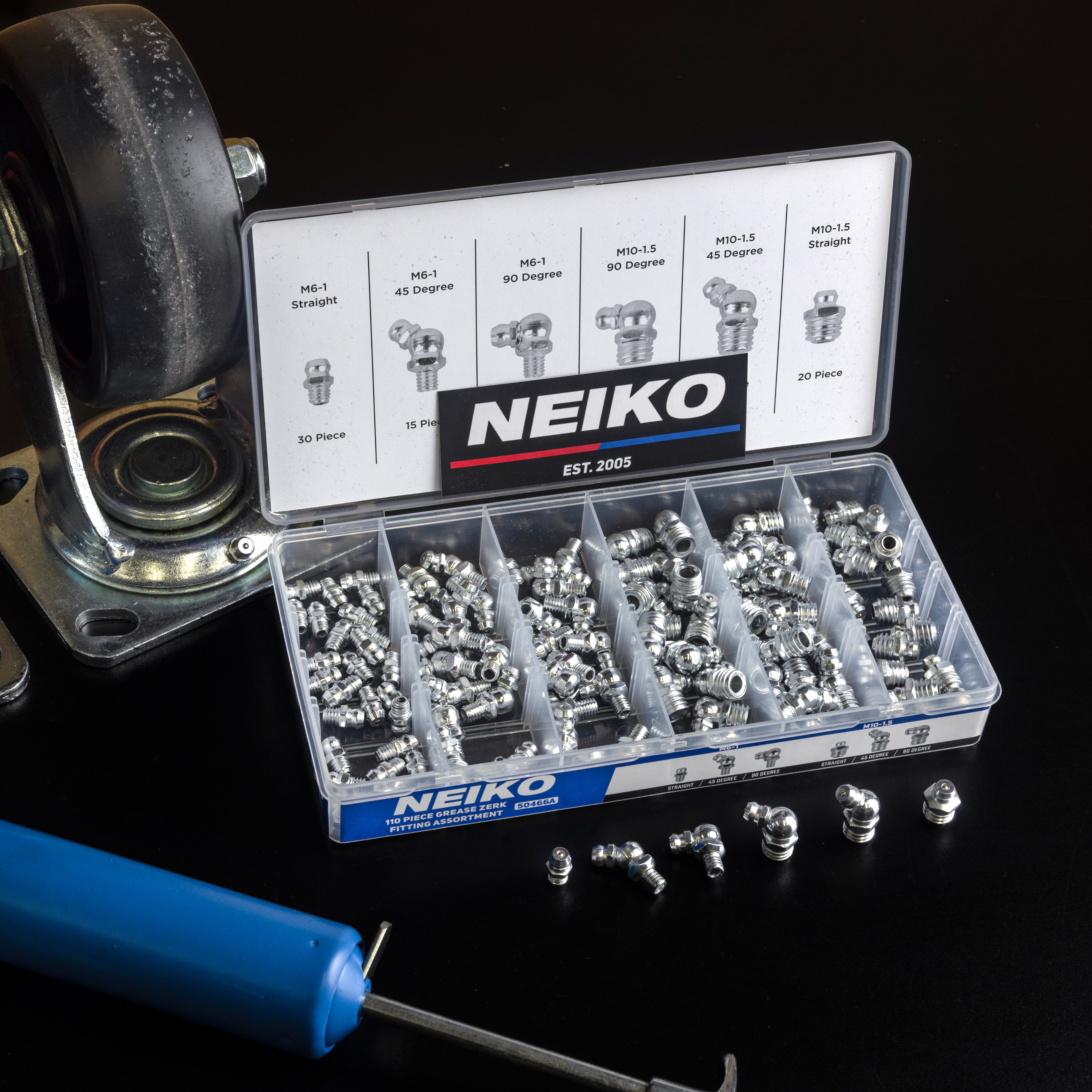 Metric Grease Fitting Assortment – M6 & M10 Zerk Fittings (110-Piece)