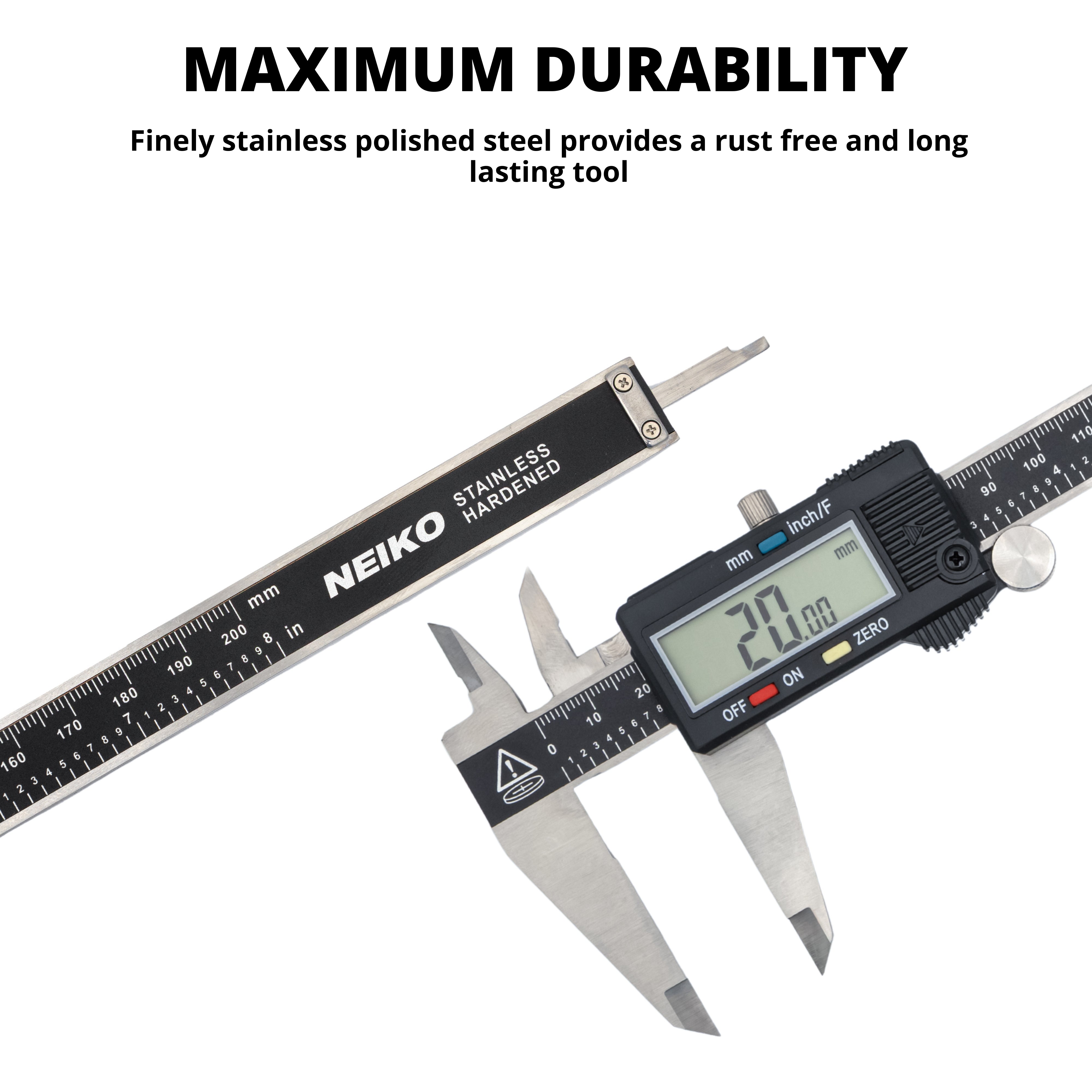 8" Electronic Digital Caliper — Stainless Steel, Extra-Large LCD, Three-Mode
