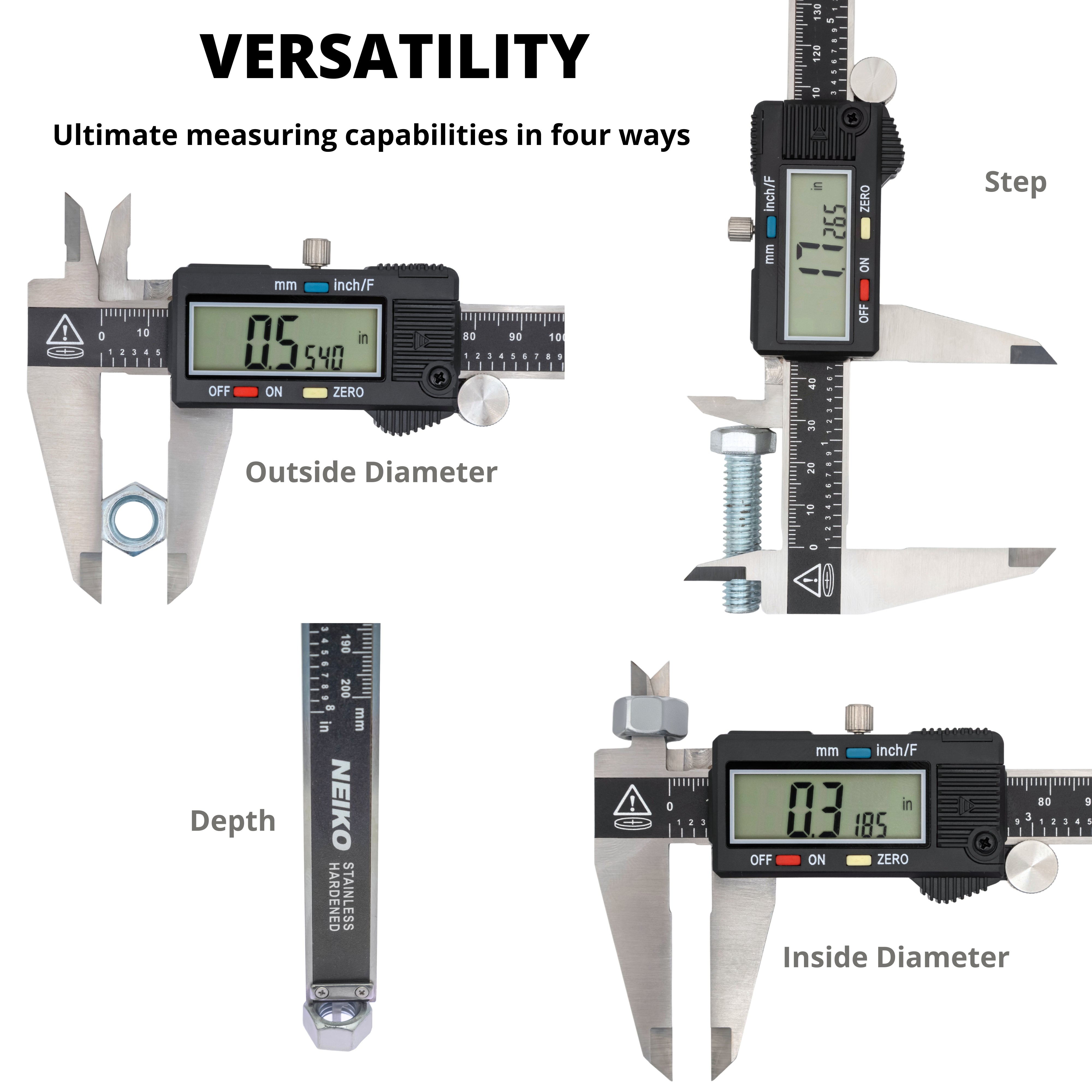 8" Electronic Digital Caliper — Stainless Steel, Extra-Large LCD, Three-Mode