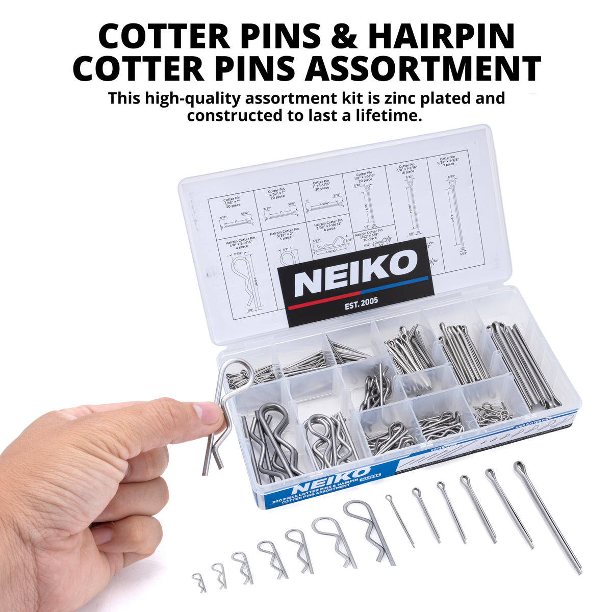 NEIKO 50459A Cotter Pin and R Clip Assortment, 200 Pc 304 Stainless Steel