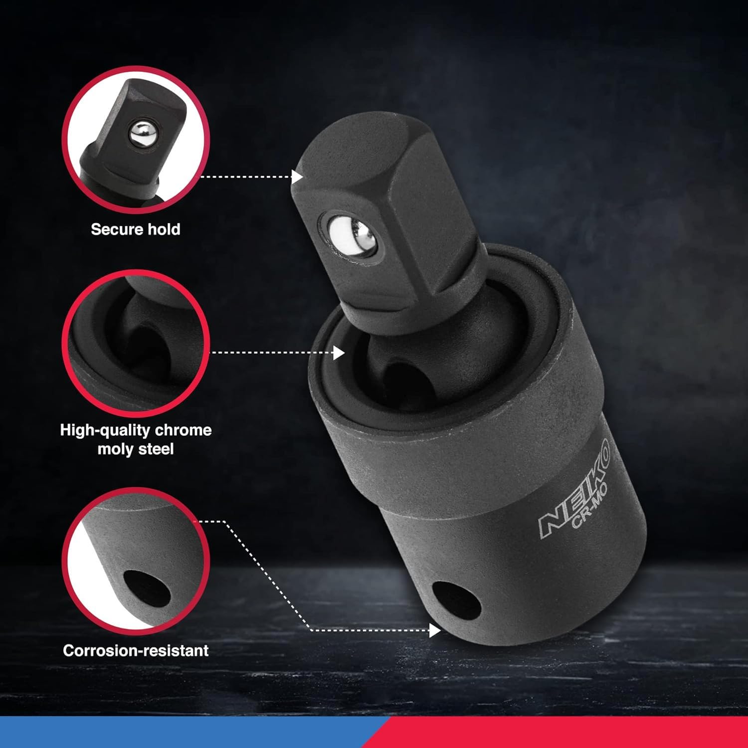 1/2” Drive Universal Joint Swivel Socket Adapter, Cr-Mo Impact Grade