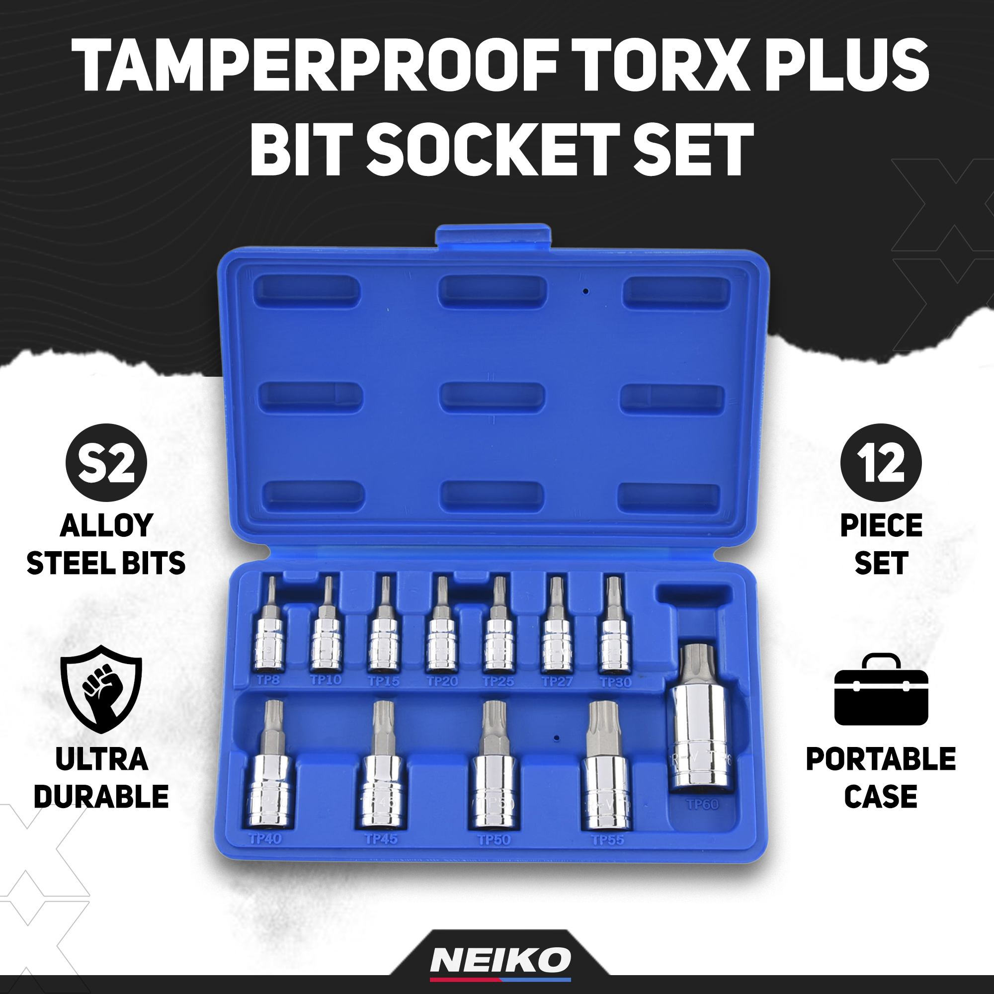 Tamperproof Torx Plus Bit Socket Set 8 IPR - 60 IPR, 5 Point Star, Cr-V & S2 Steel (12-Piece)