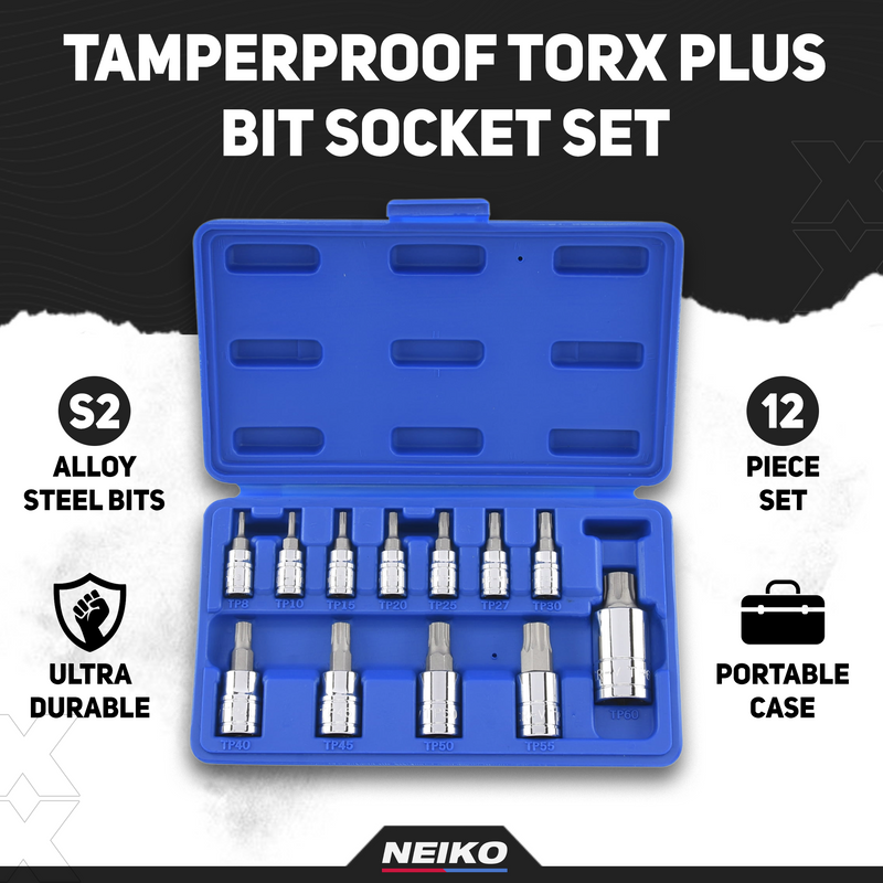 NEIKO 10085A Tamperproof Torx Plus Bit Socket Set | 12 Piece | 8 IPR - 60 IPR | 5 Point Star | Cr-V and S2 Steel | High Impact ABS Blow Molded Case