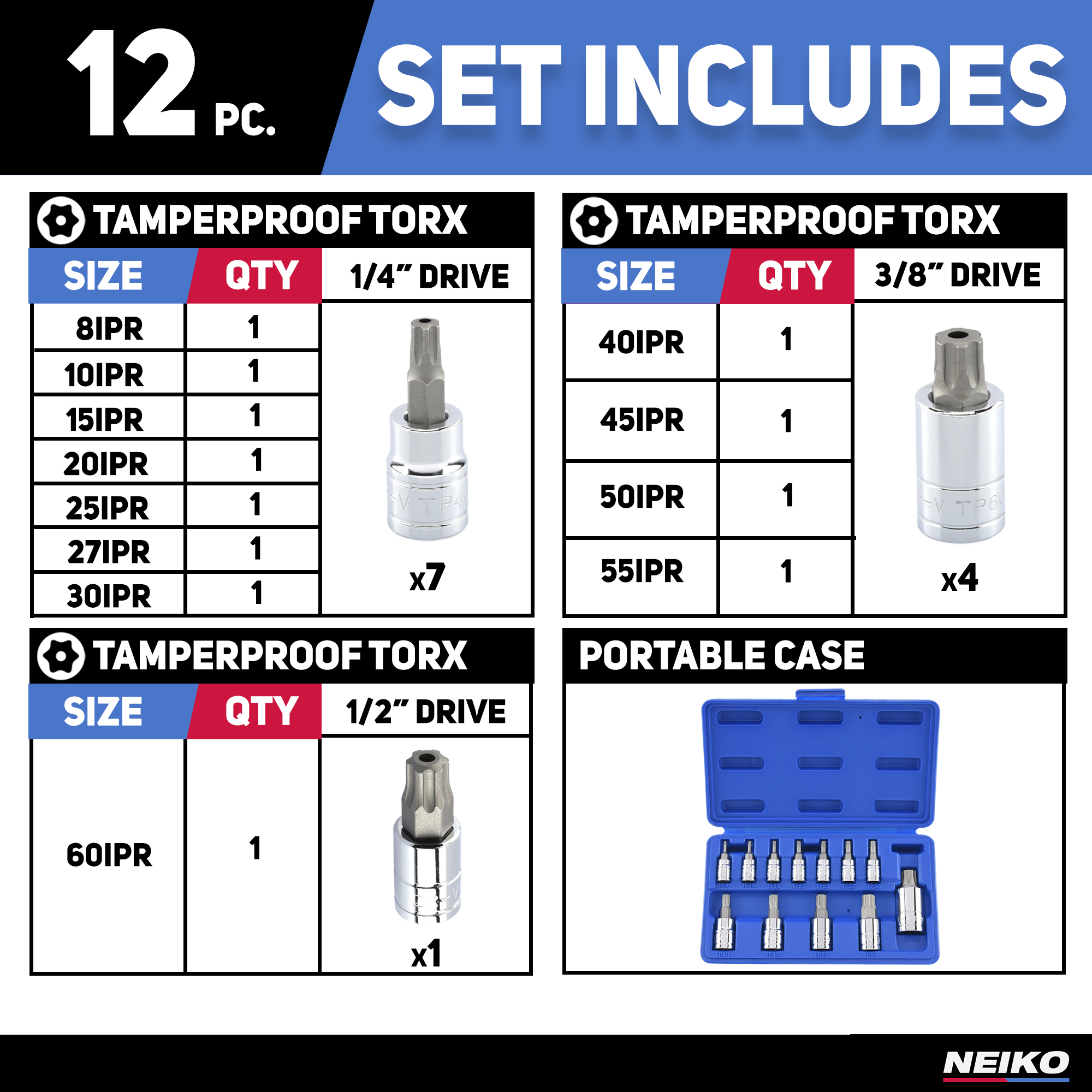 Tamperproof Torx Plus Bit Socket Set 8 IPR - 60 IPR, 5 Point Star, Cr-V & S2 Steel (12-Piece)