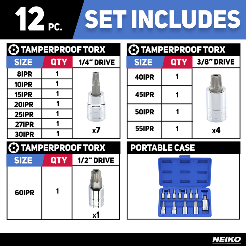 NEIKO 10085A Tamperproof Torx Plus Bit Socket Set | 12 Piece | 8 IPR - 60 IPR | 5 Point Star | Cr-V and S2 Steel | High Impact ABS Blow Molded Case