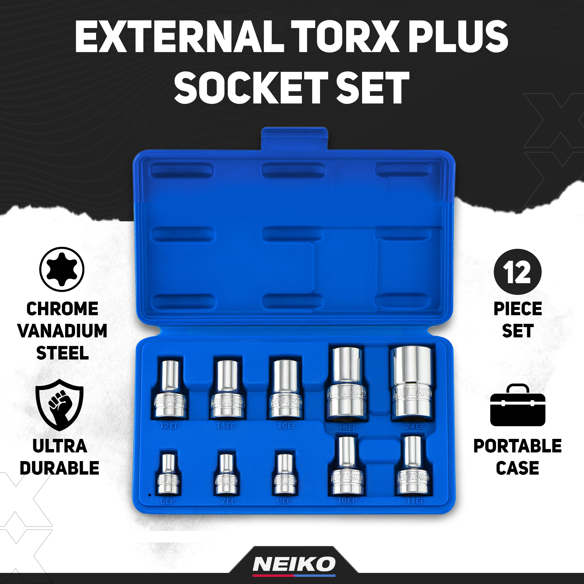 External Torx Plus Socket Set 1/4" EP6 - EP8, 3/8" EP10 - EP16, 1/2" Square Drive EP18 & EP24 (10-Piece)