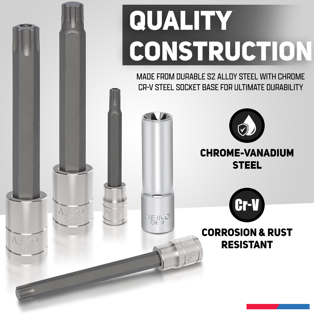 NEIKO 10287A Extra Long Socket Bits and Deep Socket Set | 60 Piece | S2 Tamperproof Torx Plus Bits and Cr-V Steel E-Torx Sockets