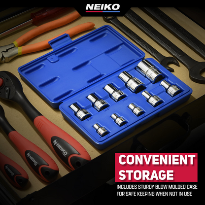 NEIKO 02473A External Torx Plus Socket Set,10 Piece | 1/4-Inch EP6 - EP8, 3/8-Inch EP10 - EP16, 1/2-Inch Square Drive EP18 and EP24 | CR-V Steel