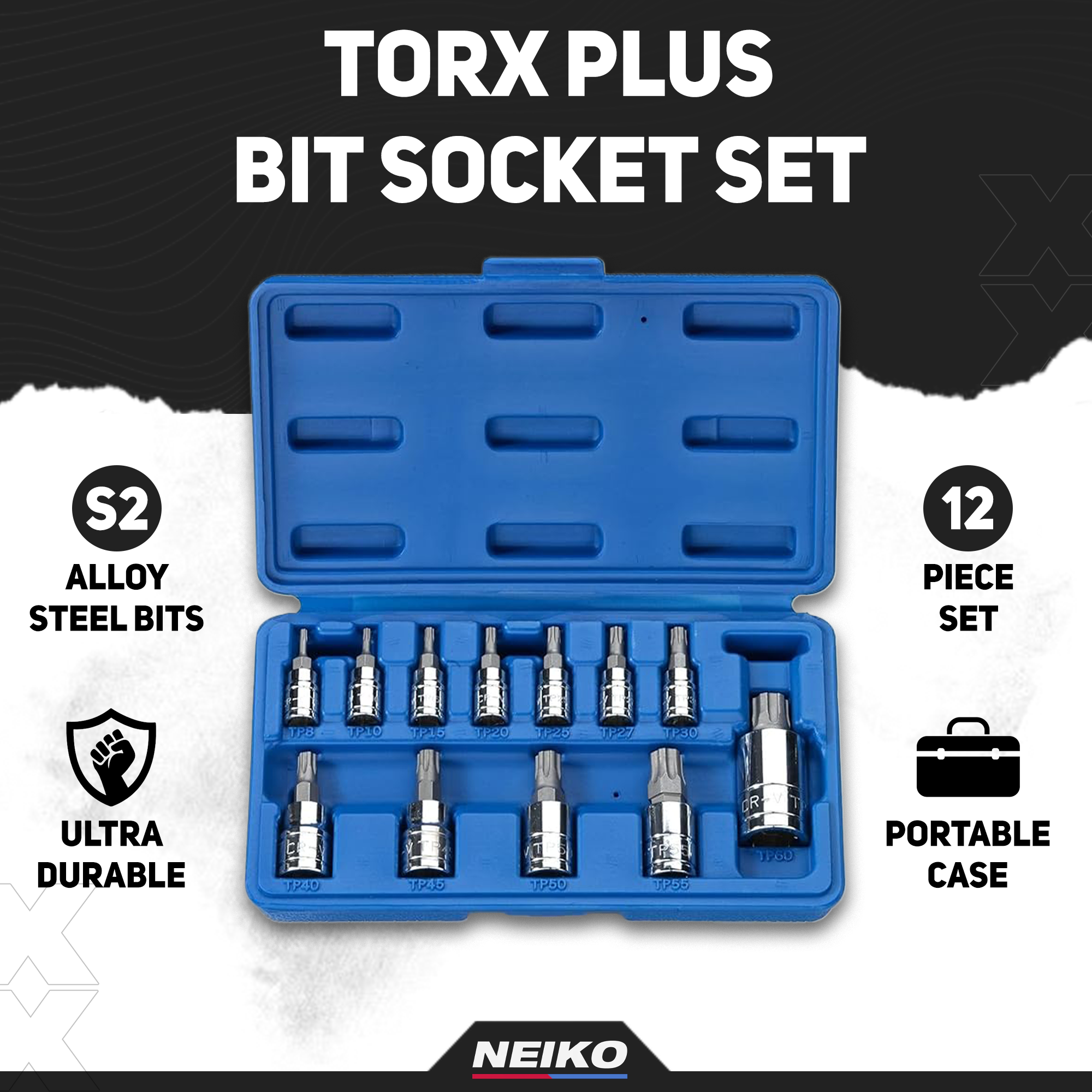 6 Point Torx Plus Bit Socket Set, 1/4", 3/8" & 1/2" Drive, TP8 - TP60 (12-Piece)