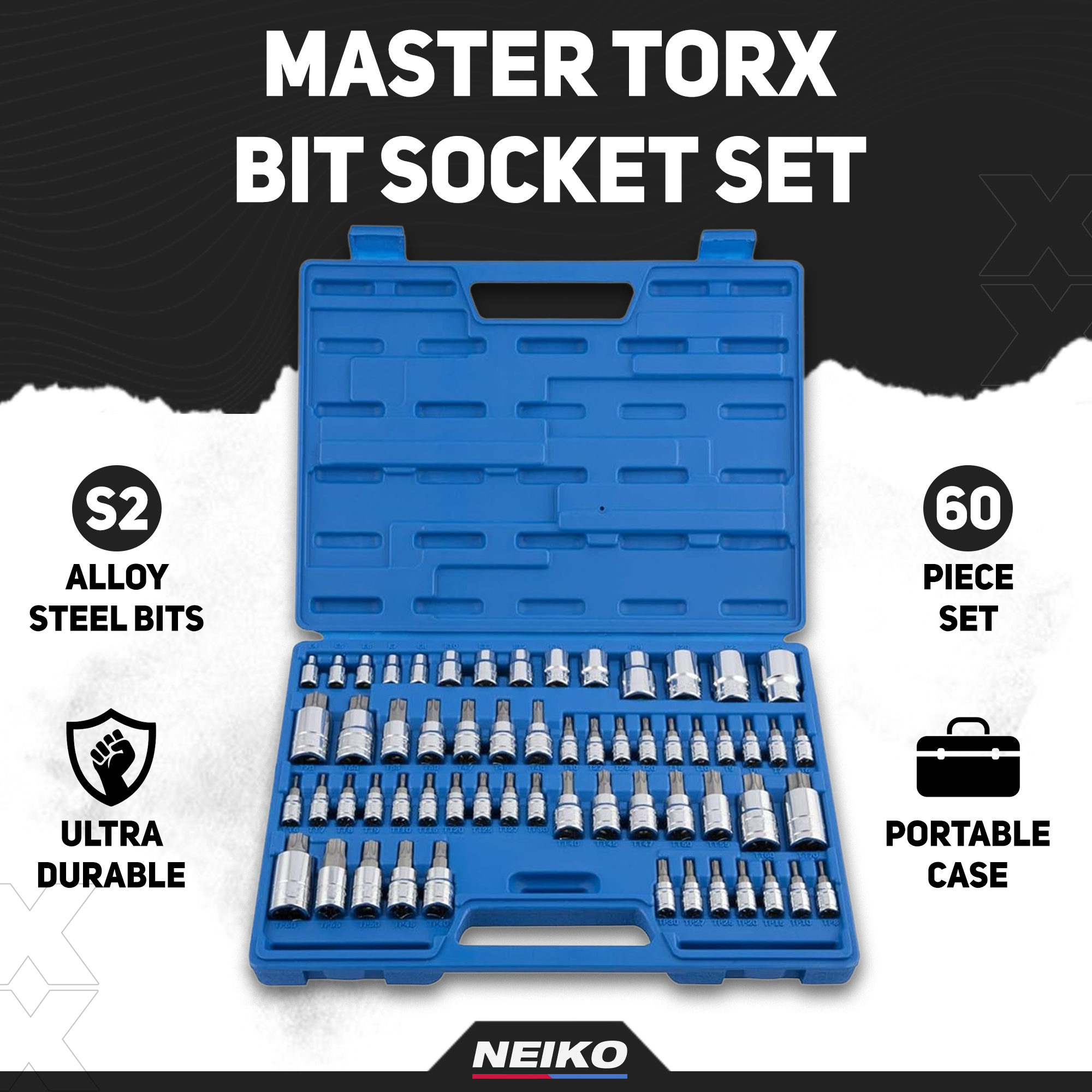 Master Torx Bit Socket & External Torx Socket Set, S2 & CrV Steel (60-Piece)