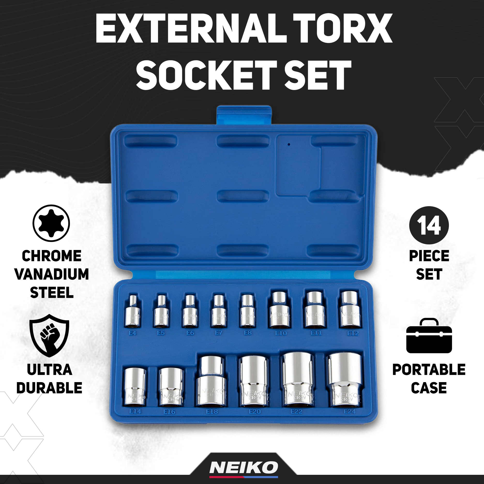 E-Torx External Socket Set — E4–E24, 1/4", 3/8" & 1/2" Drive, CrV (14-Piece)