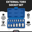 NEIKO 04300A E-Torx Socket Set, 14 Piece, External Torx Socket, E4 to E24, 1/4”, 3/8” and 1/2” Drive, Female Star External Torx, Inverted Torx Socket Set, Cr-V Steel