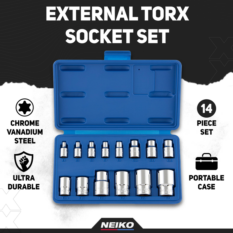 NEIKO 04300A E-Torx Socket Set, 14 Piece, External Torx Socket, E4 to E24, 1/4”, 3/8” and 1/2” Drive, Female Star External Torx, Inverted Torx Socket Set, Cr-V Steel