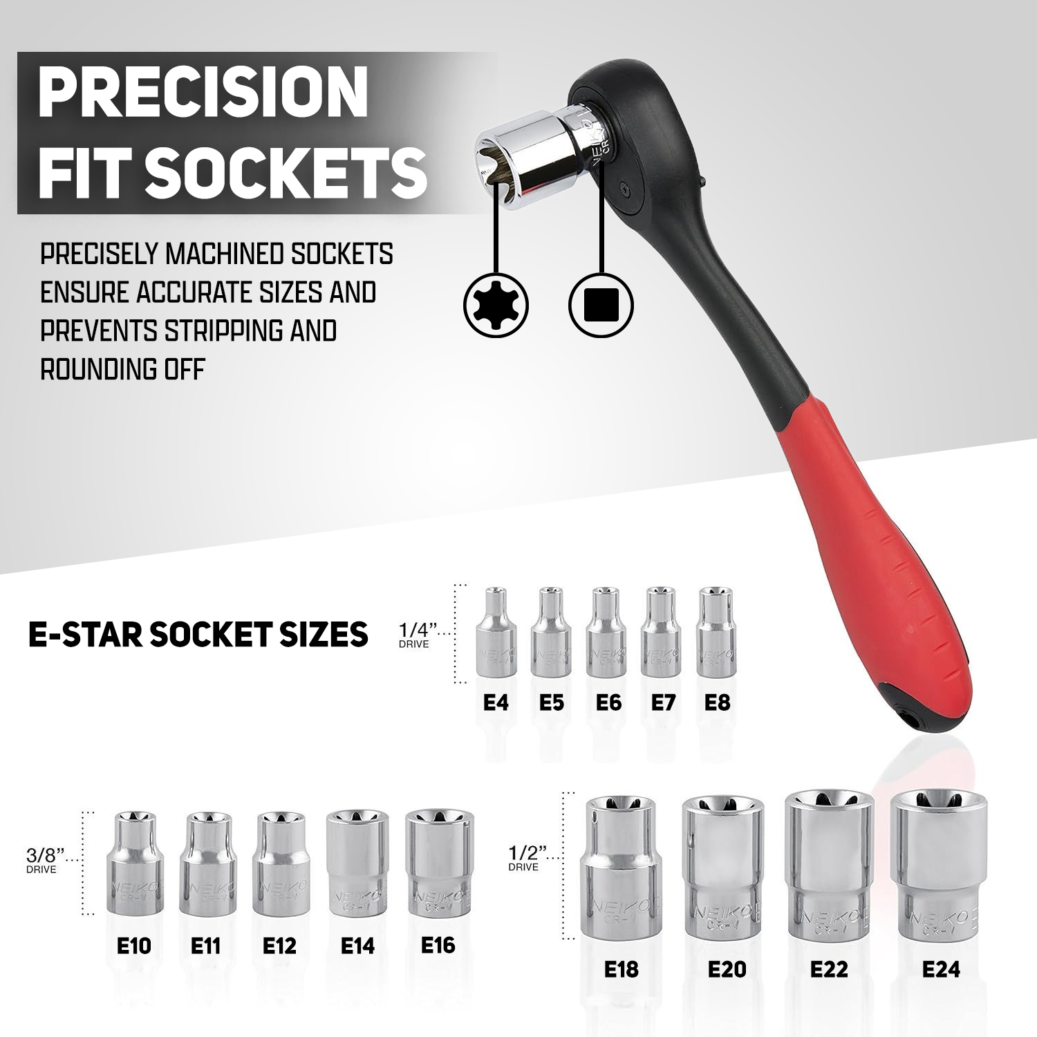 E-Torx Socket Set External Torx Socket, E4 to E24, 1/4”, 3/8” & 1/2” Drive (14-Piece)