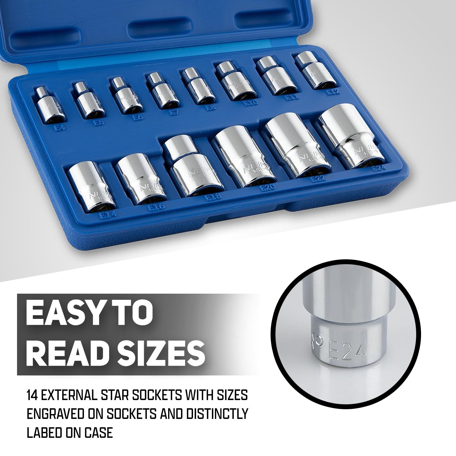 E-Torx External Socket Set — E4–E24, 1/4", 3/8" & 1/2" Drive, CrV (14-Piece)
