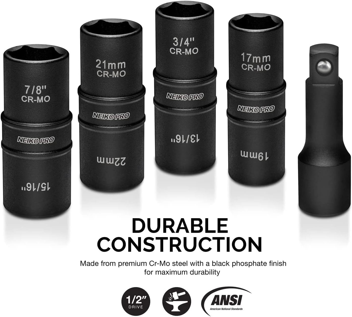 1/2"-Drive Impact Socket Set, Flip Socket Set, Chrome Moly Steel, Includes 3" Bar Extension (5-Piece)