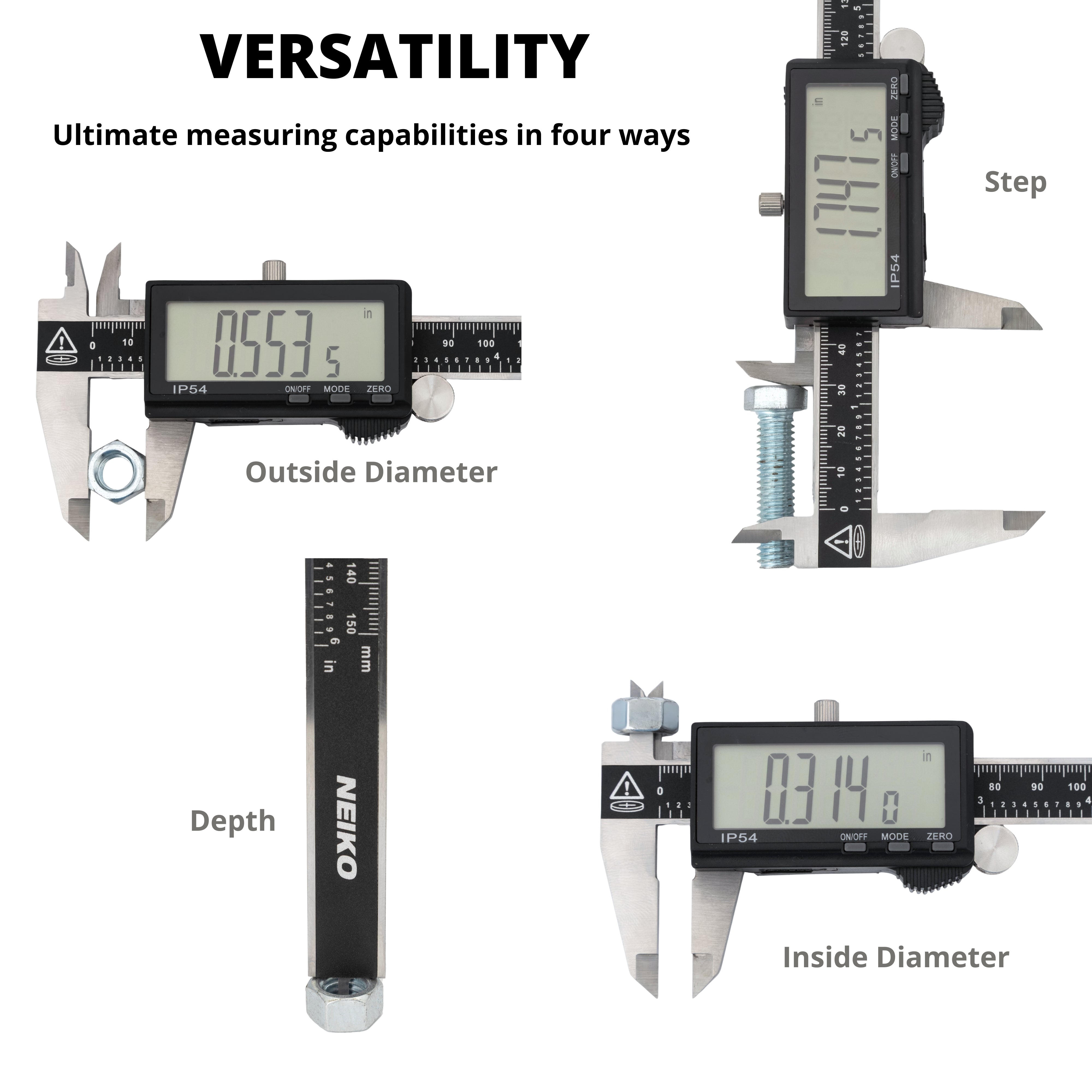 NEIKO 01401A 6-Inch Electronic Digital Caliper, Stainless Steel, Extra Large LCD Screen, Measurement Conversions for Inches, Millimeters, and Fractions