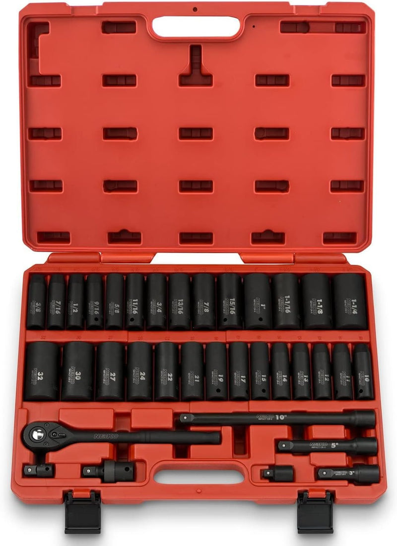 NEIKO 02446A 1/2" Impact Socket Set, 35 Piece, Deep Socket Kit Assortment, Standard SAE (3/8”-1-1/4”) and Metric MM (10-32mm) Sizes, Includes Ratchet Handle and Impact Extension Bars
